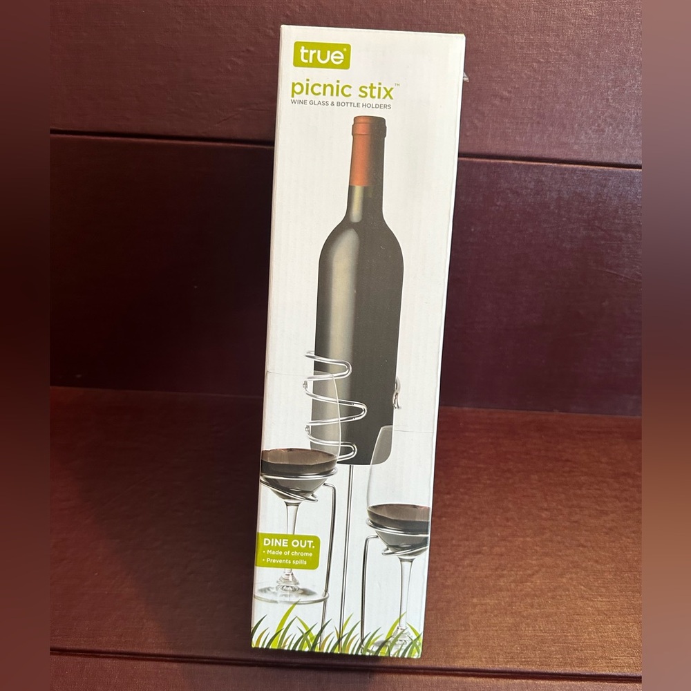 Picnic Stix Wine Glass & Bottle Holders - Silver True outdoor New in box chrome